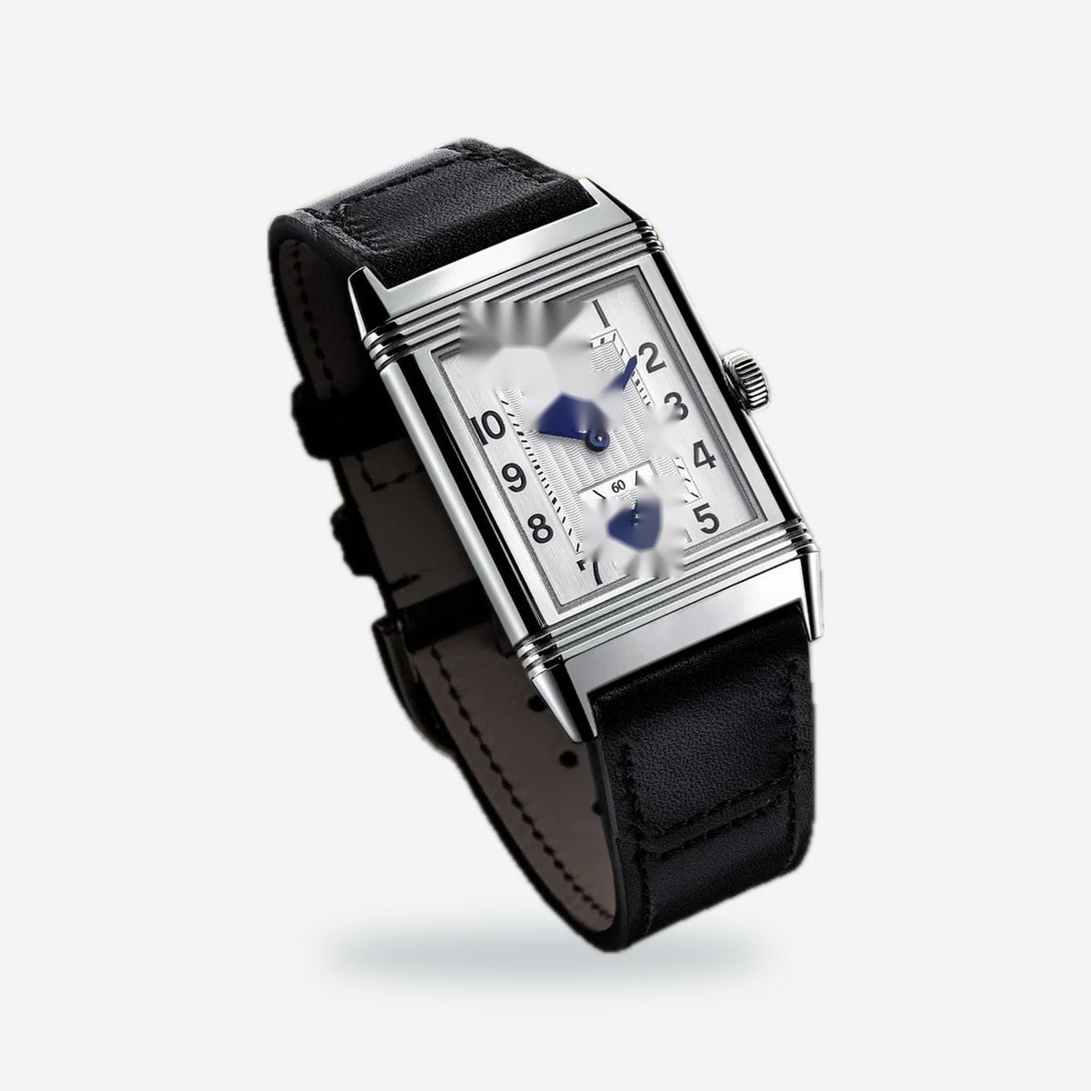 Rectangular Hand-Wound Steel Watch, Swivelling Case, Leather Strap, Silvered grey Dial, view 2