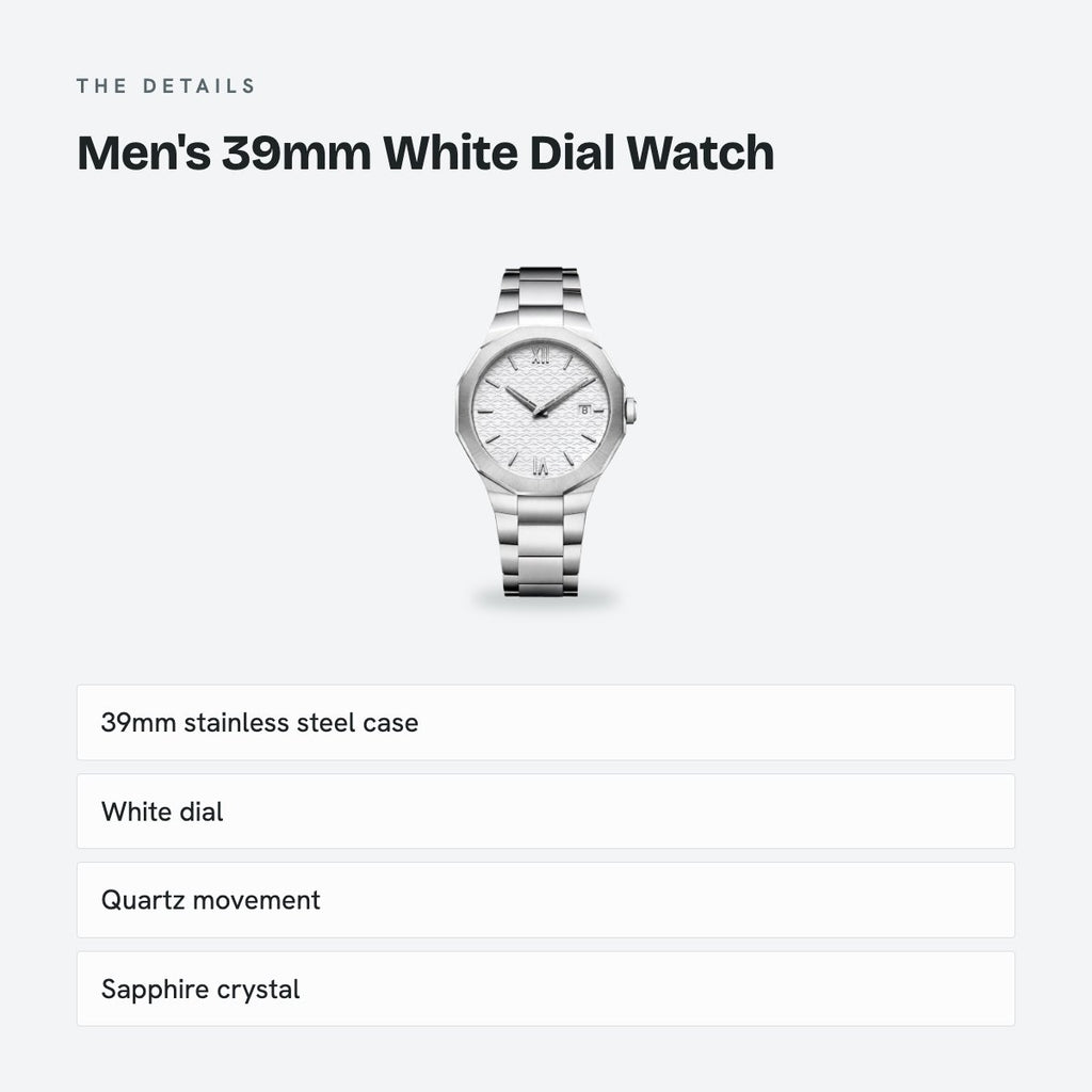 Men's 39mm White Dial Watch, Steel Bracelet, Style 2, details