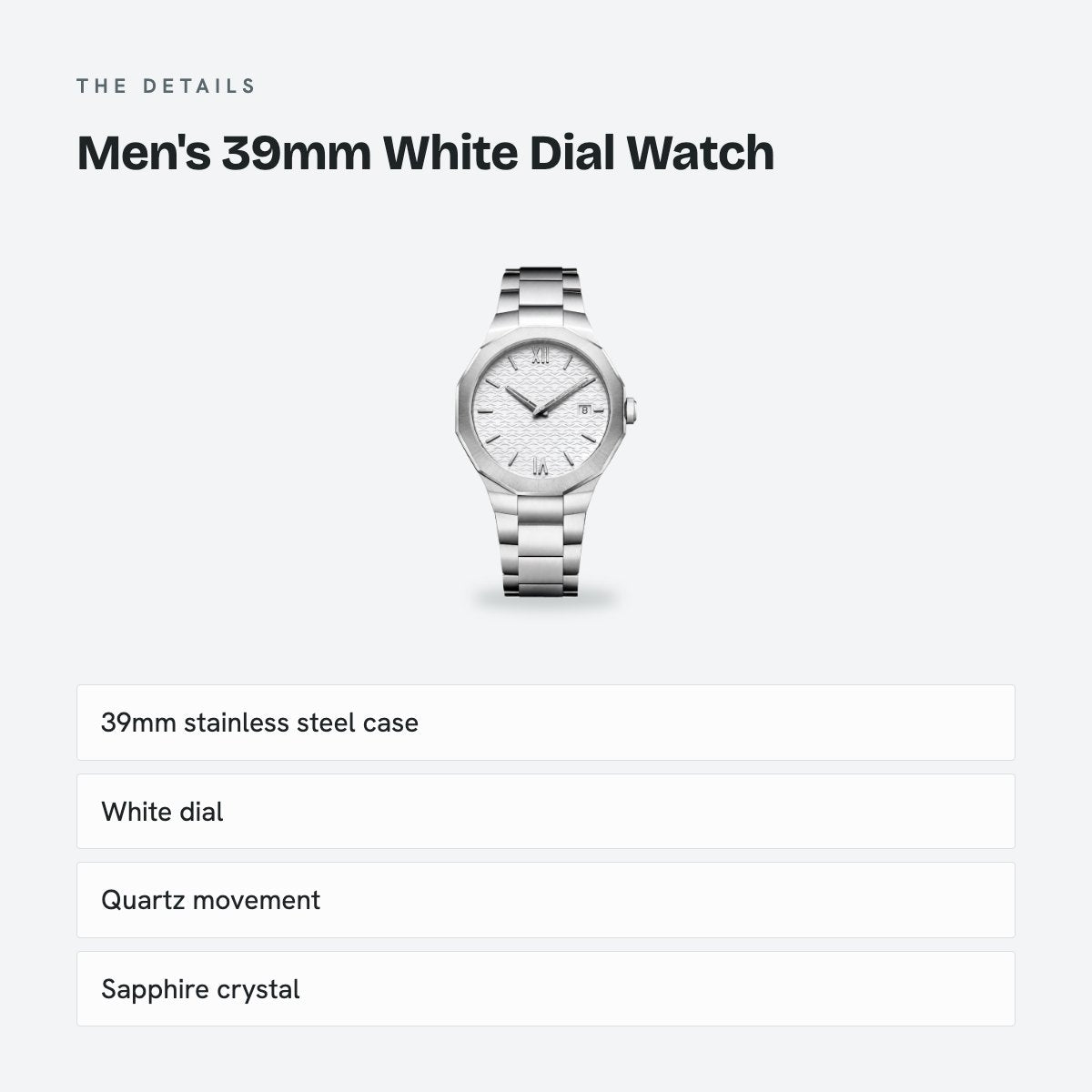 Men's 39mm White Dial Watch, Steel Bracelet, Style 2, details