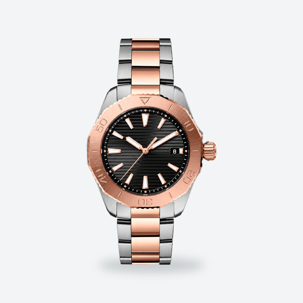 Men's 40mm Black Dial Watch, Steel Bracelet, Silver-Tone, Black dial / Silver and rose gold-tone
