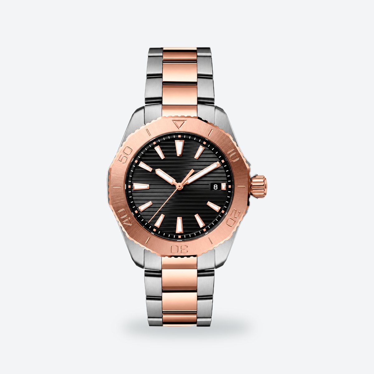 Men's 40mm Black Dial Watch, Steel Bracelet, Silver-Tone, Black dial / Silver and rose gold-tone