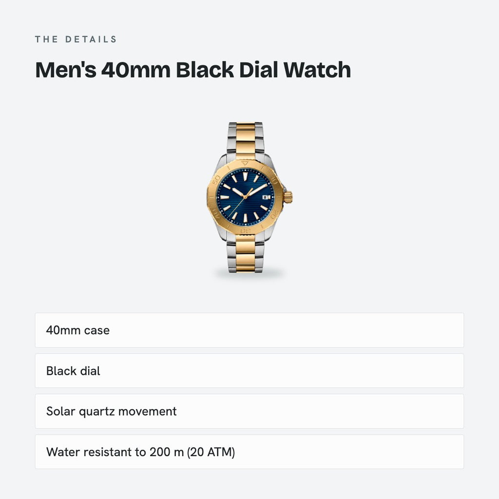 Men's 40mm Black Dial Watch, Steel Bracelet, Silver-Tone, details