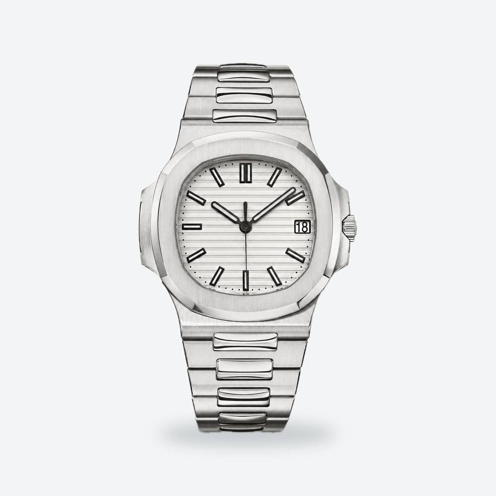 Men's 40mm Automatic Steel Watch, Integrated Bracelet, Black-blue Dial, White dial
