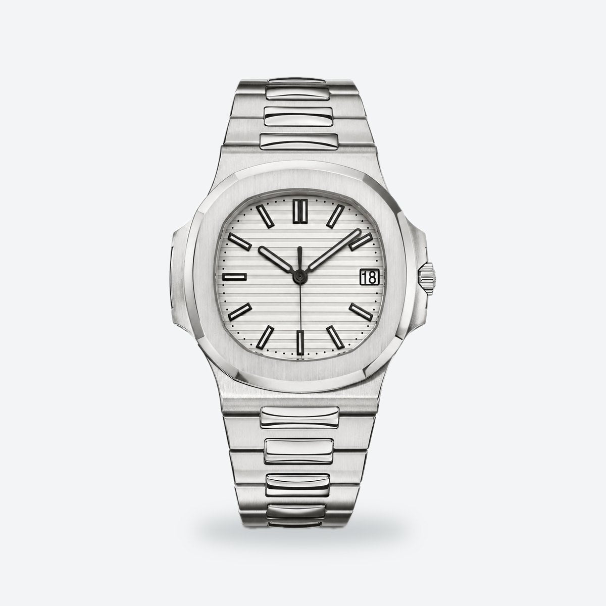 Men's 40mm Automatic Steel Watch, Integrated Bracelet, Black-blue Dial, White dial