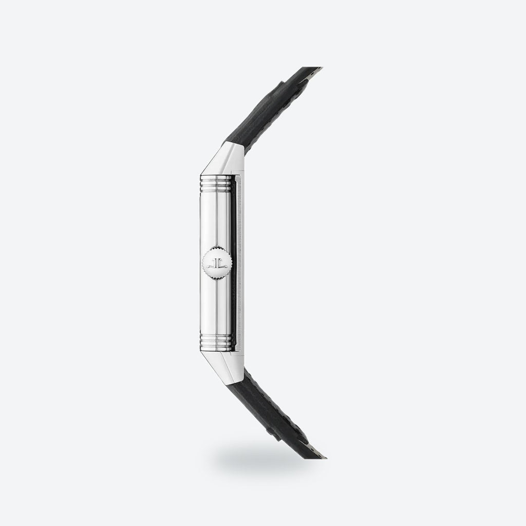 Rectangular Hand-Wound Steel Watch, Swivelling Case, Leather Strap, Silvered grey Dial, view 3