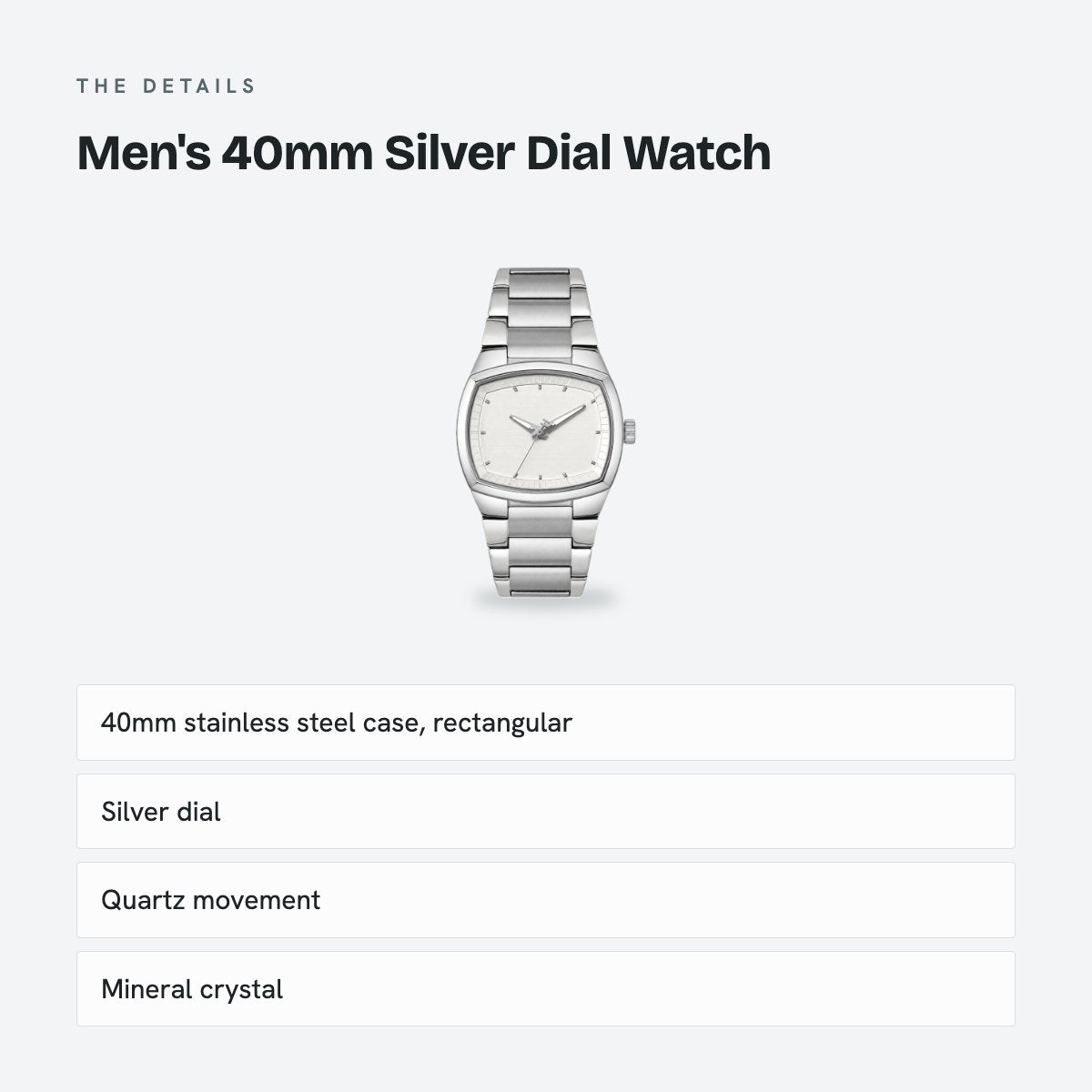 Men's 40mm Silver Dial Watch, details