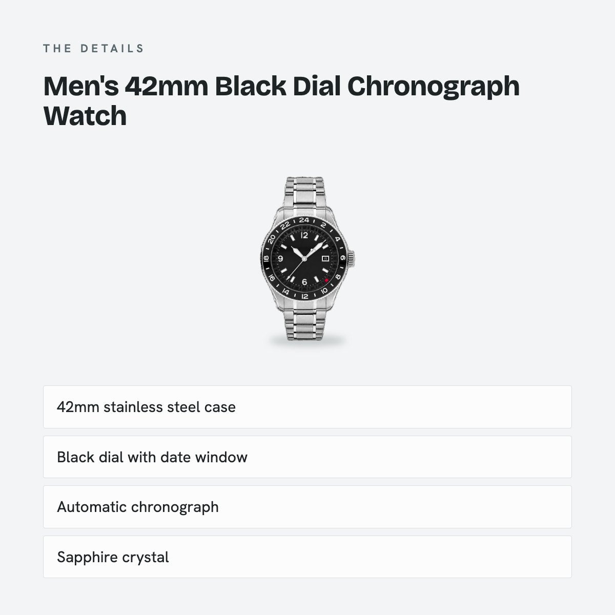 Men's 42mm Black Dial Chronograph Watch, Steel Bracelet, Silver-Tone, details