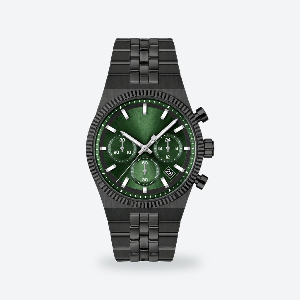 Men's 41mm Black Dial Chronograph Watch, Steel Bracelet, Style 3, Green dial / Black