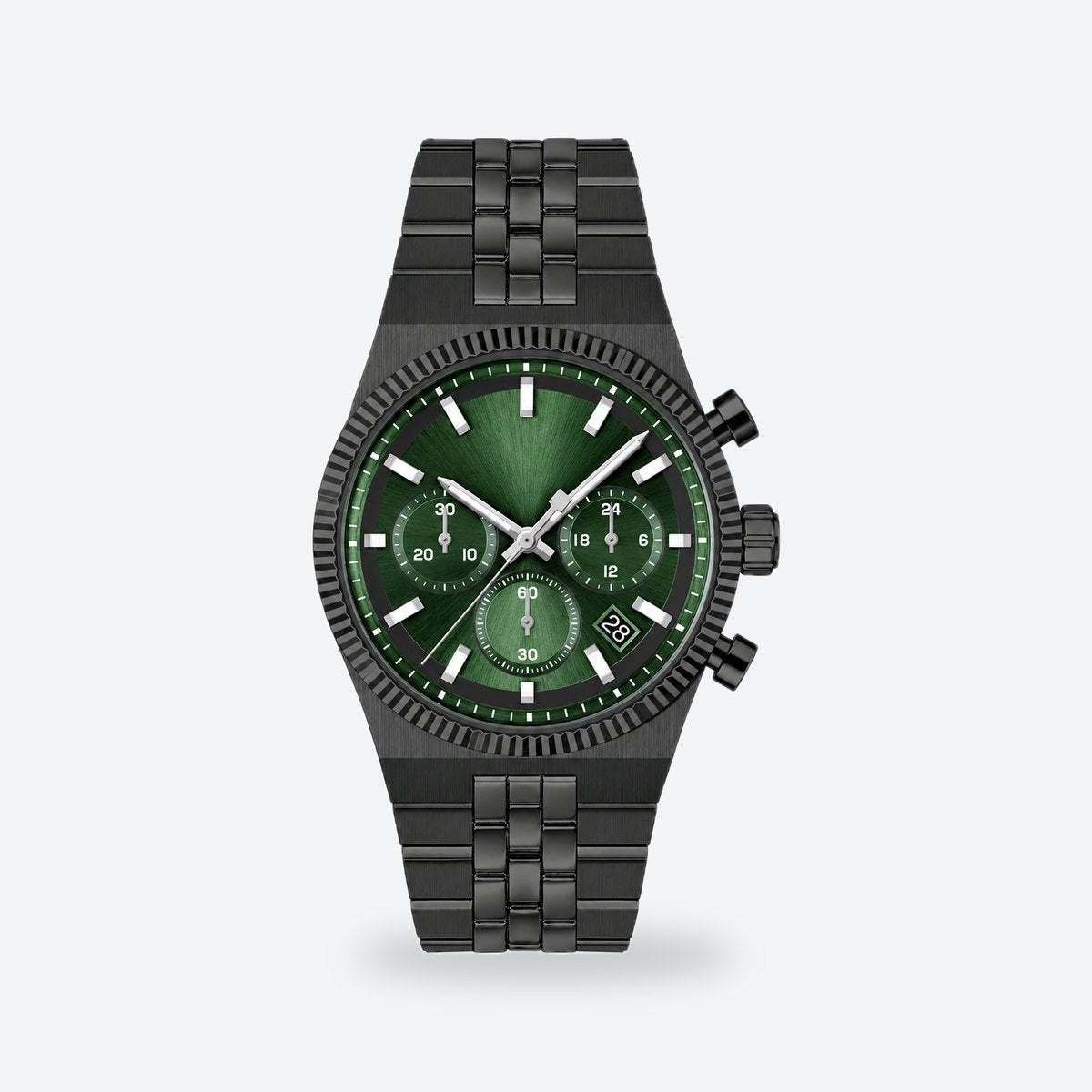 Men's 41mm Black Dial Chronograph Watch, Steel Bracelet, Style 3, Green dial / Black