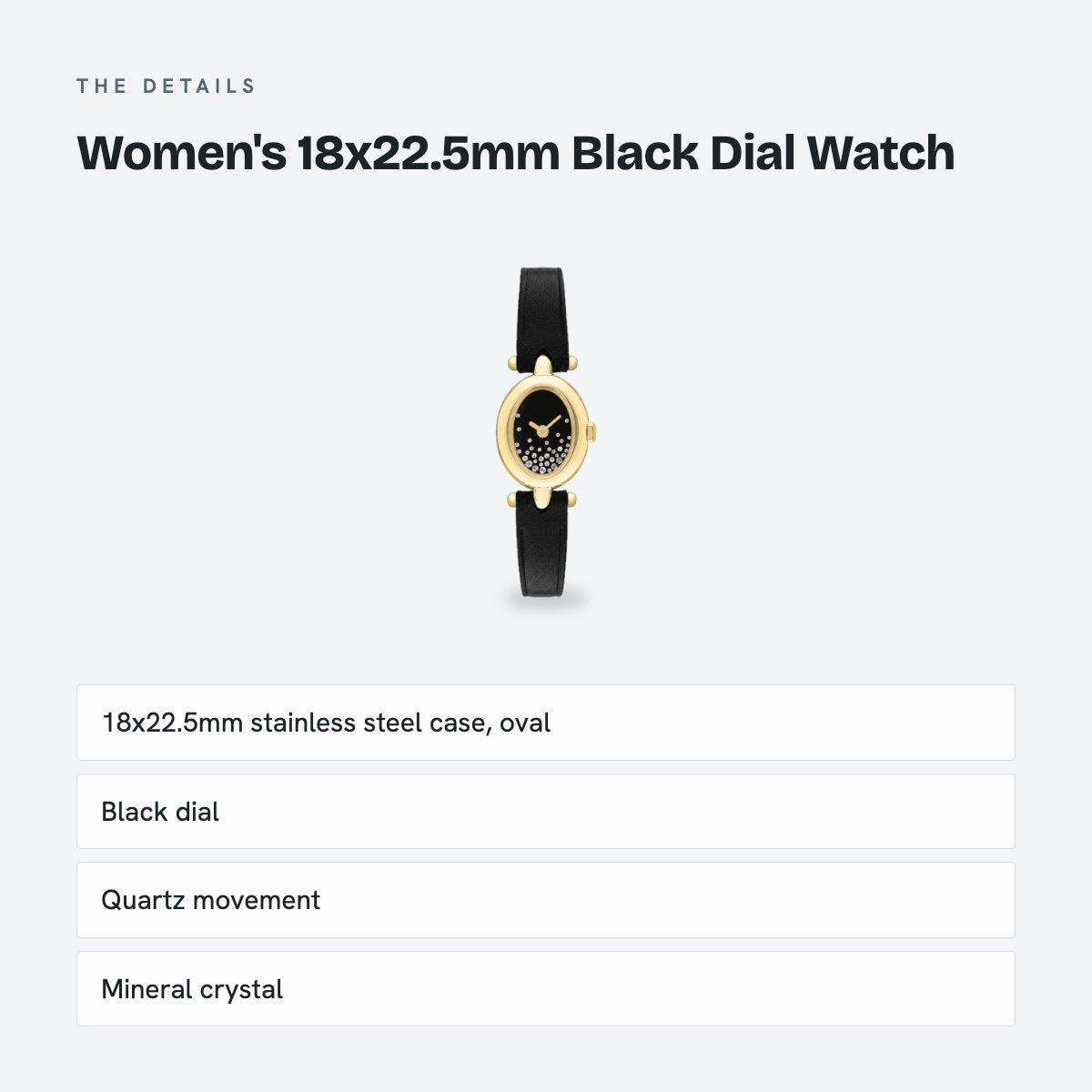 Women's 18x22.5mm Black Dial Watch, details