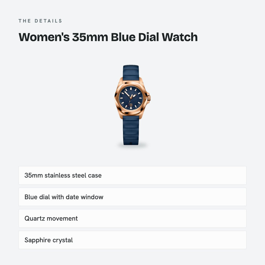 Women's 35mm Blue Dial Watch, Rubber Strap, details
