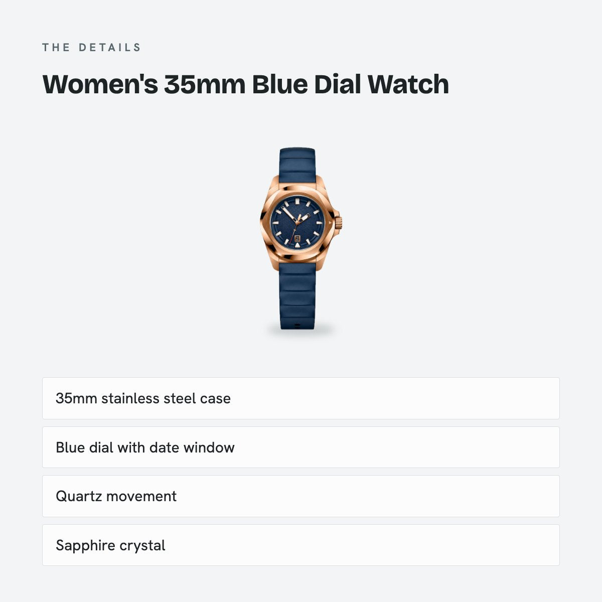 Women's 35mm Blue Dial Watch, Rubber Strap, details