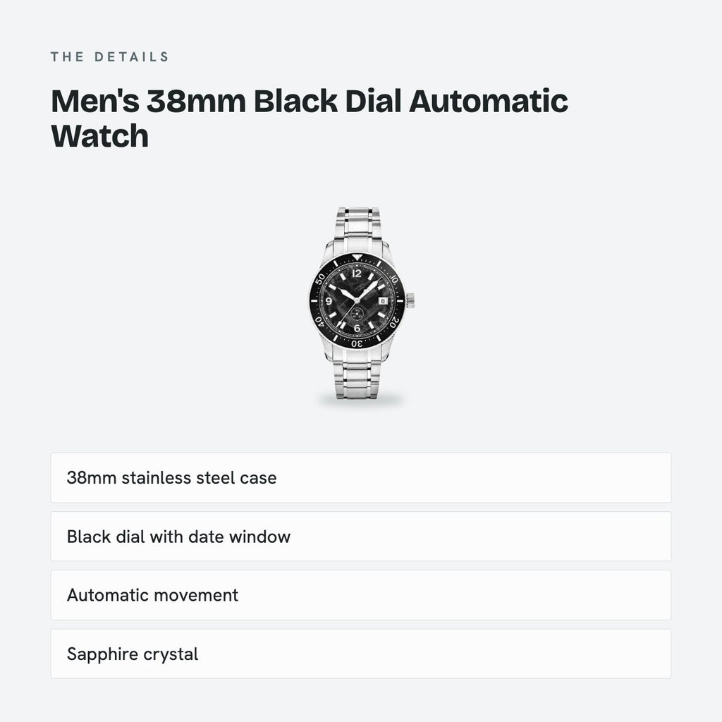 Men's 38mm Black Dial Automatic Watch, Steel Bracelet, details