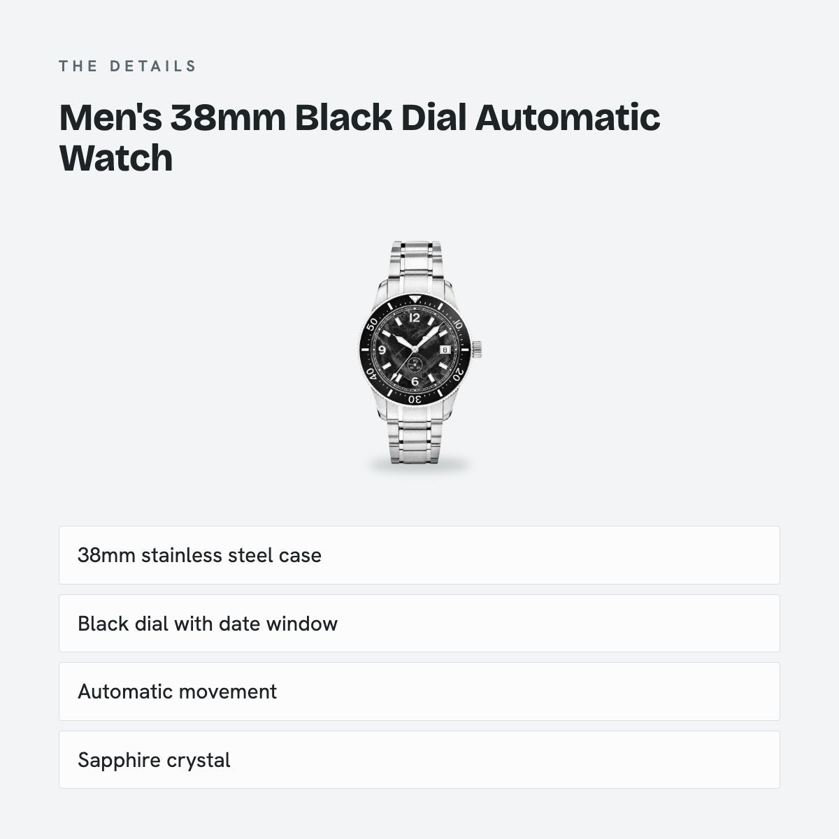 Men's 38mm Black Dial Automatic Watch, Steel Bracelet, details