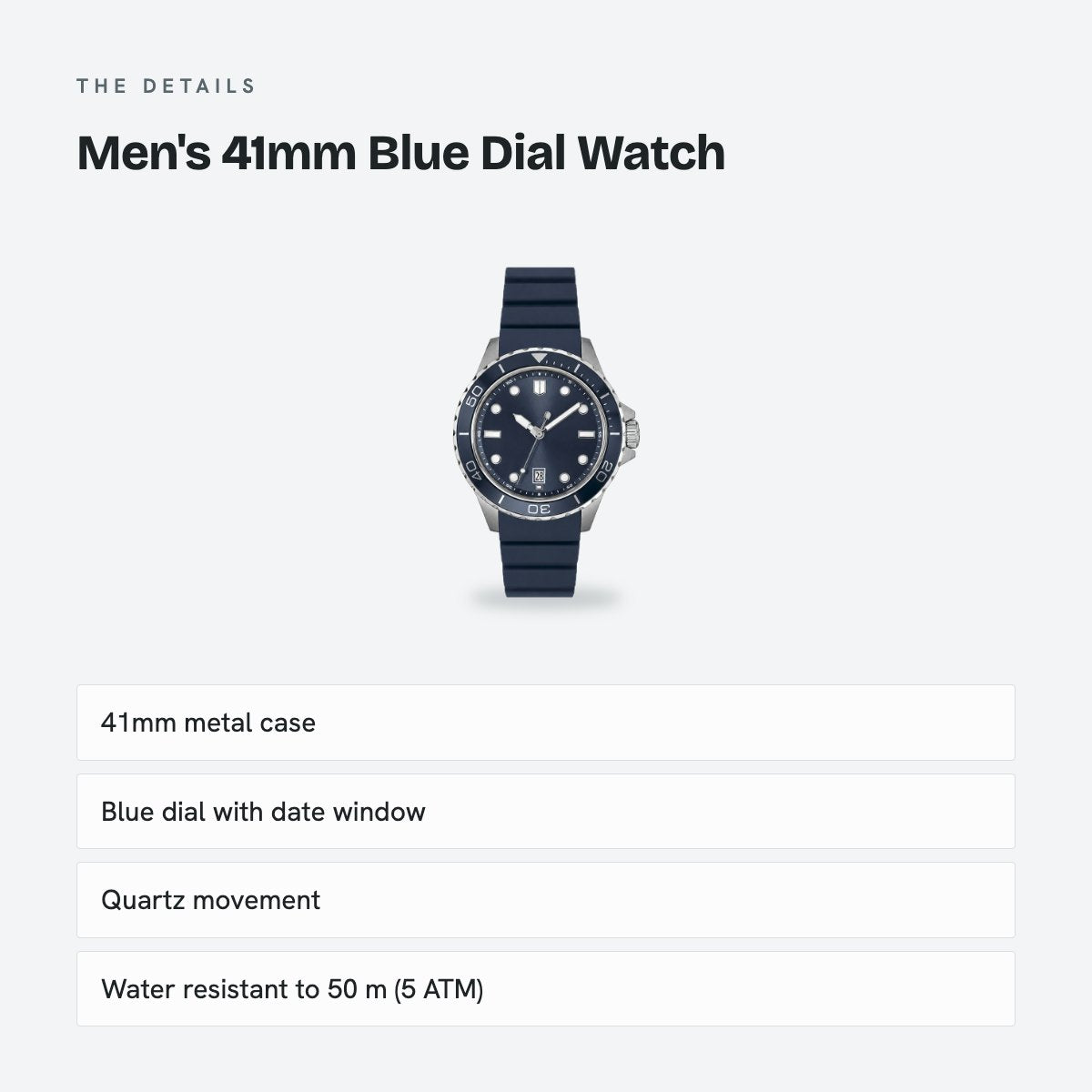 Men's 41mm Blue Dial Watch, Rubber Strap, details