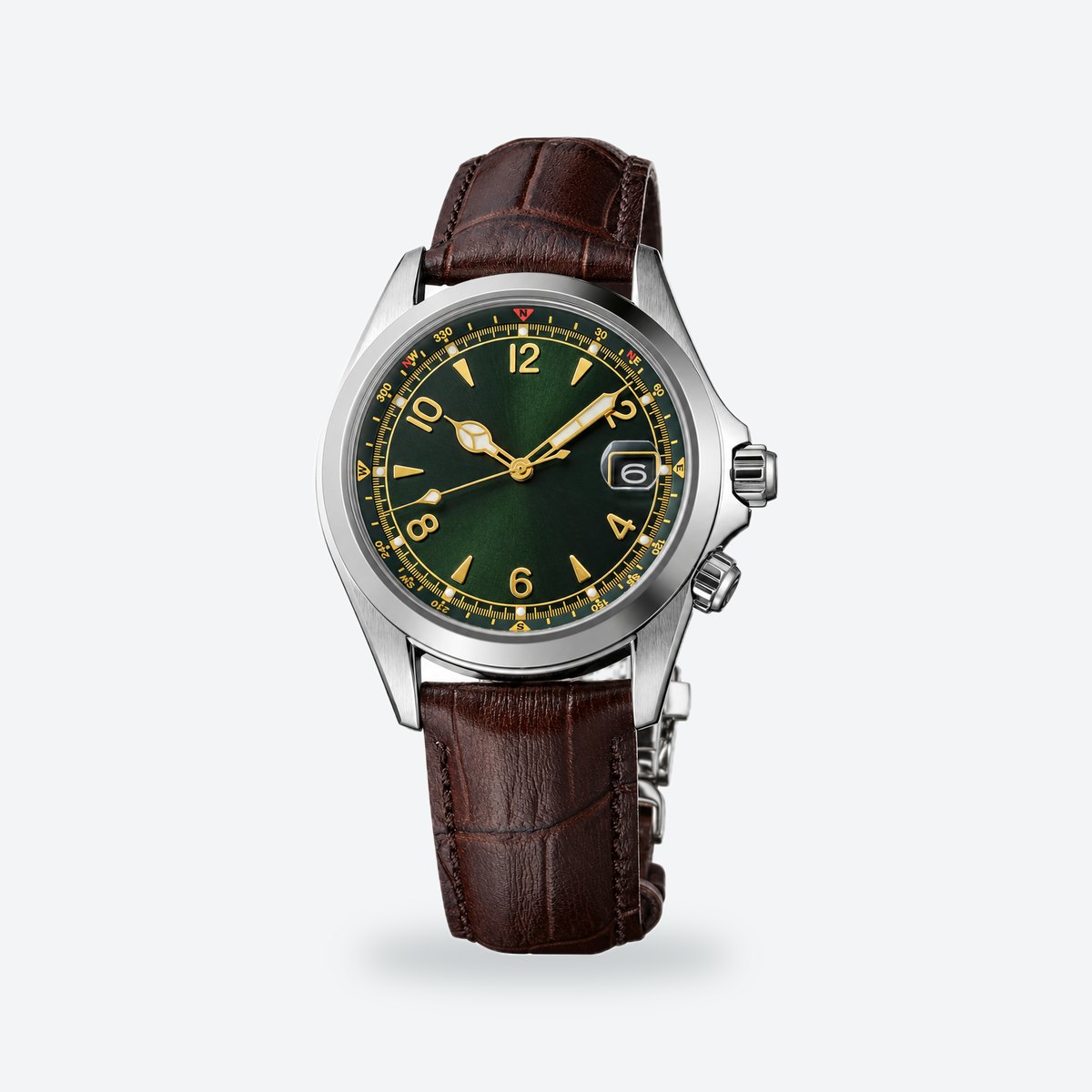 Men's 39.5mm Automatic Field Watch, Compass Ring, Green Dial, Green, leather strap