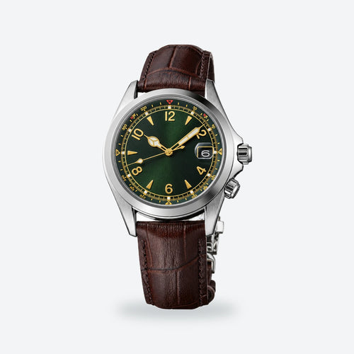 Men's 39.5mm Automatic Field Watch, Compass Ring, Green Dial, Green, leather strap