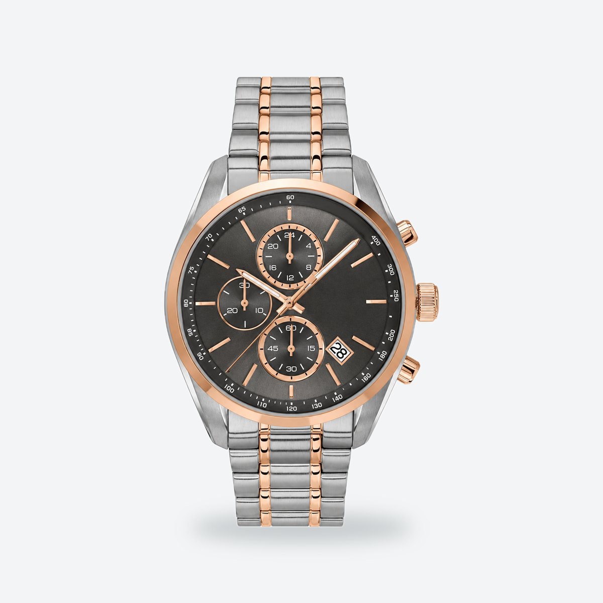 Men's 44mm Blue Dial Chronograph Watch, Steel Bracelet, Style 2, Grey dial / Two-tone
