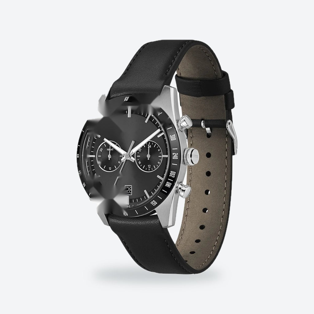 Men's 41mm Black Dial Watch, Leather Strap, view 3