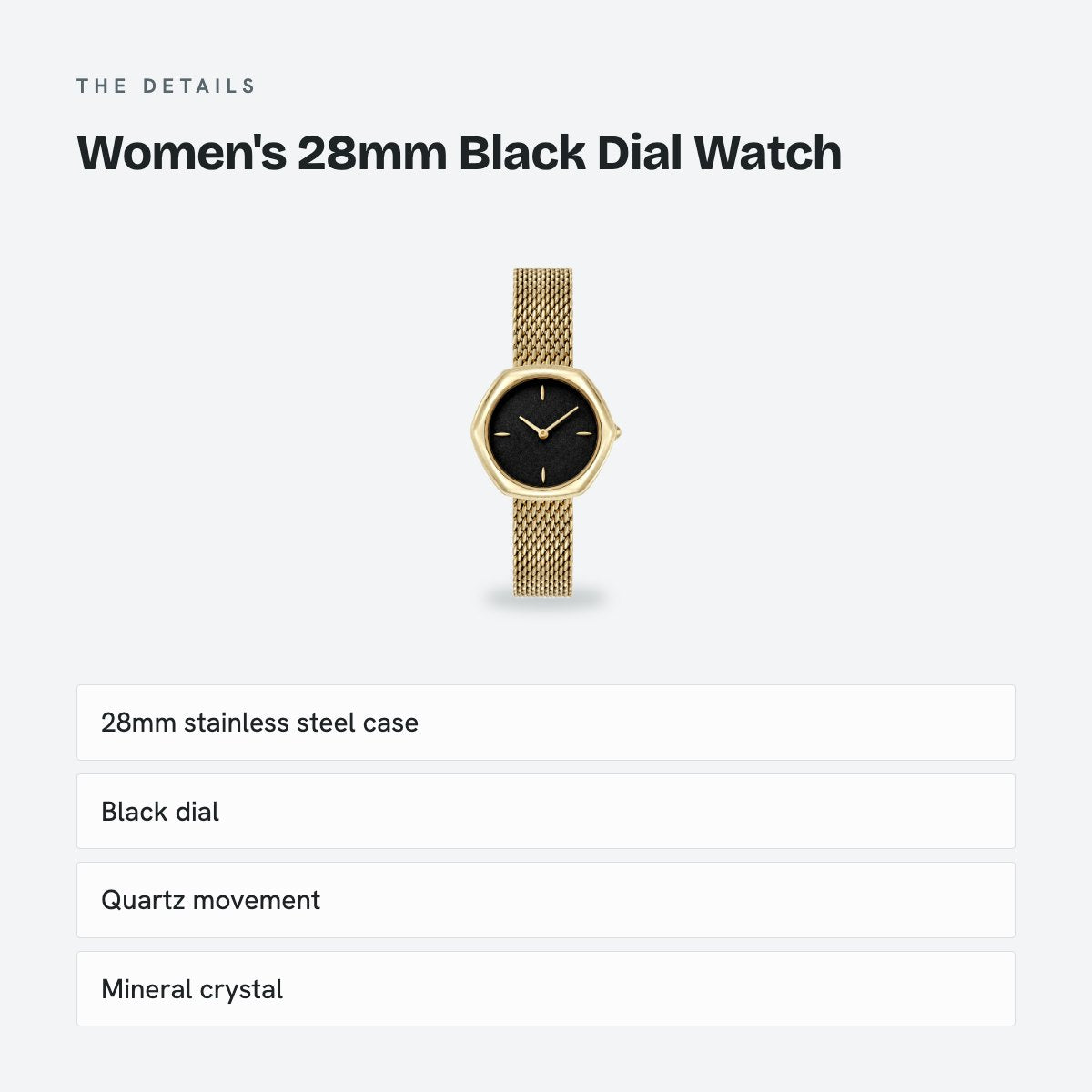 Women's 28mm Black Dial Watch, details