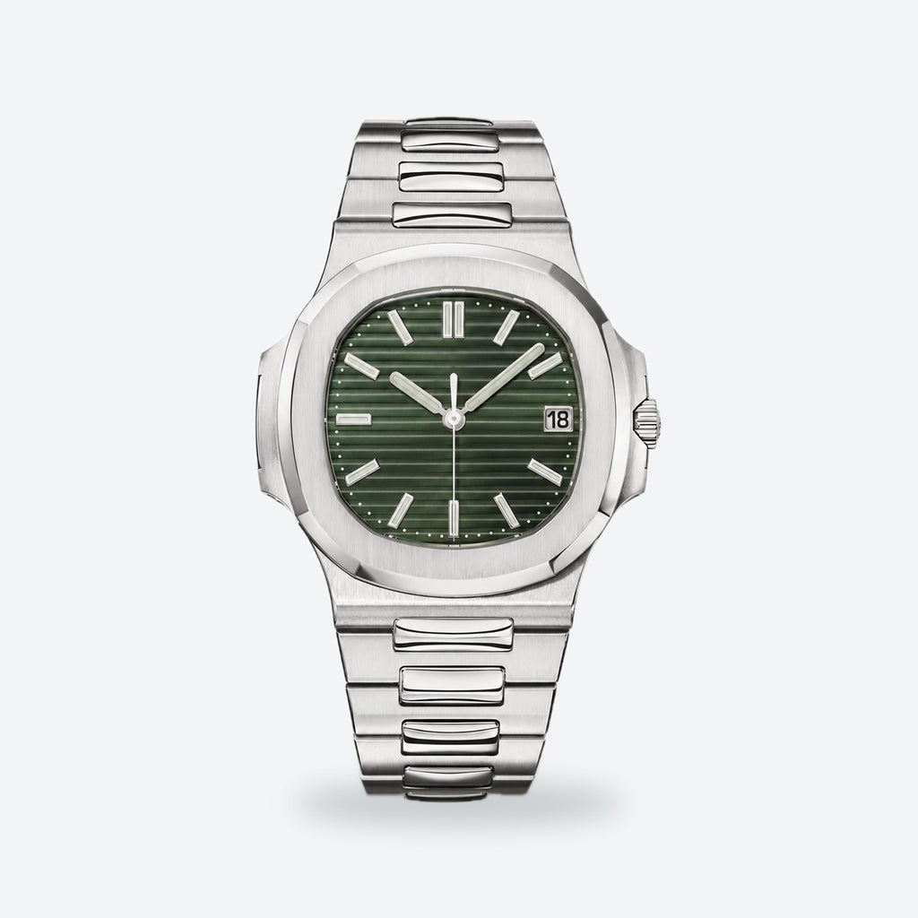 Men's 40mm Automatic Steel Watch, Integrated Bracelet, Black-blue Dial, Olive green dial