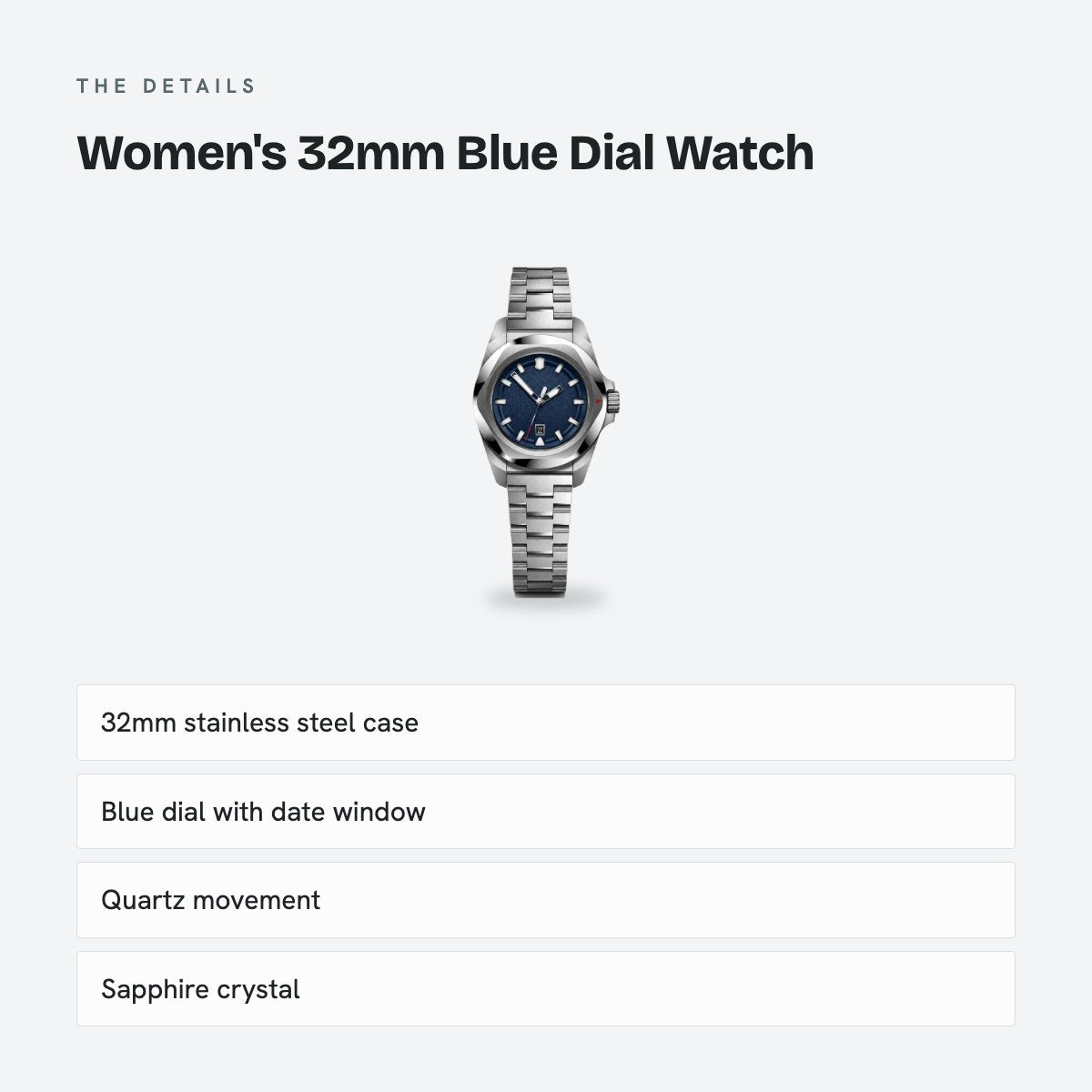 Women's 32mm Blue Dial Watch, details