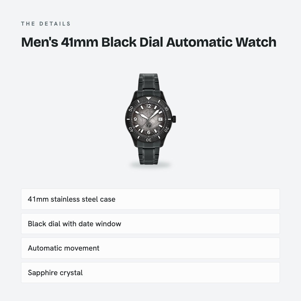 Men's 41mm Black Dial Automatic Watch, details