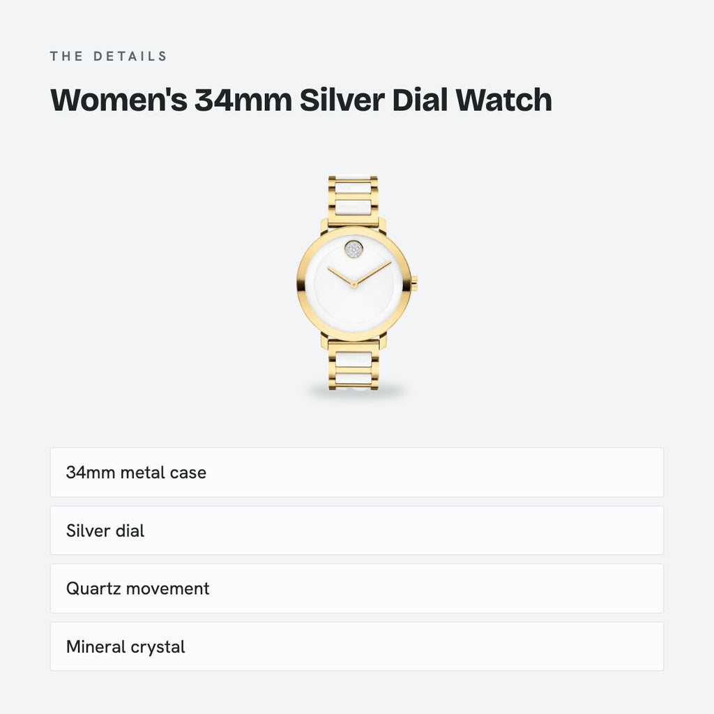 Women's 34mm Silver Dial Watch, Metal Bracelet, details