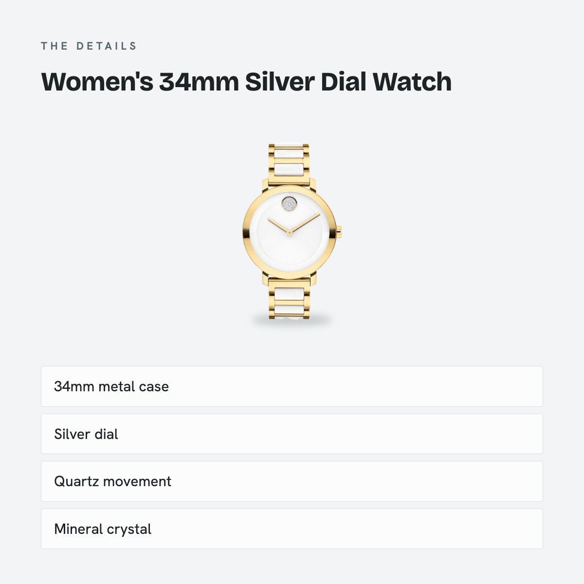 Women's 34mm Silver Dial Watch, Metal Bracelet, details