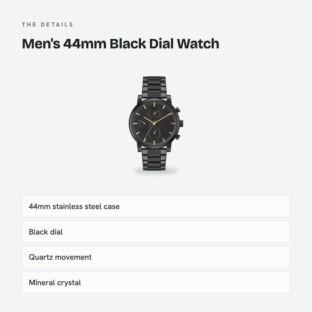 Men's 44mm Black Dial Watch, Steel Bracelet, details