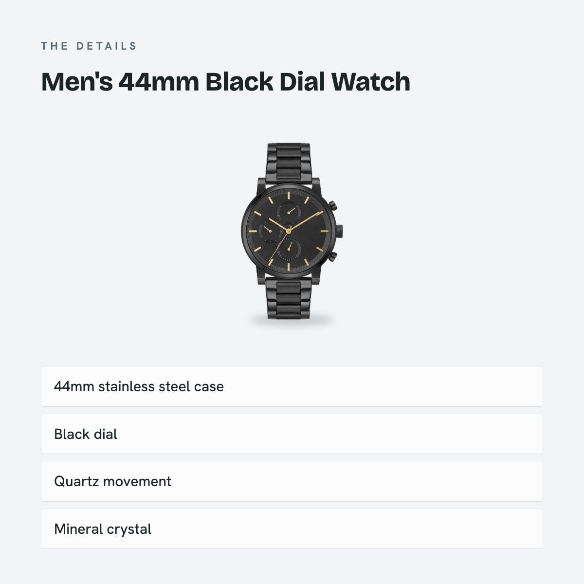 Men's 44mm Black Dial Watch, Steel Bracelet, details