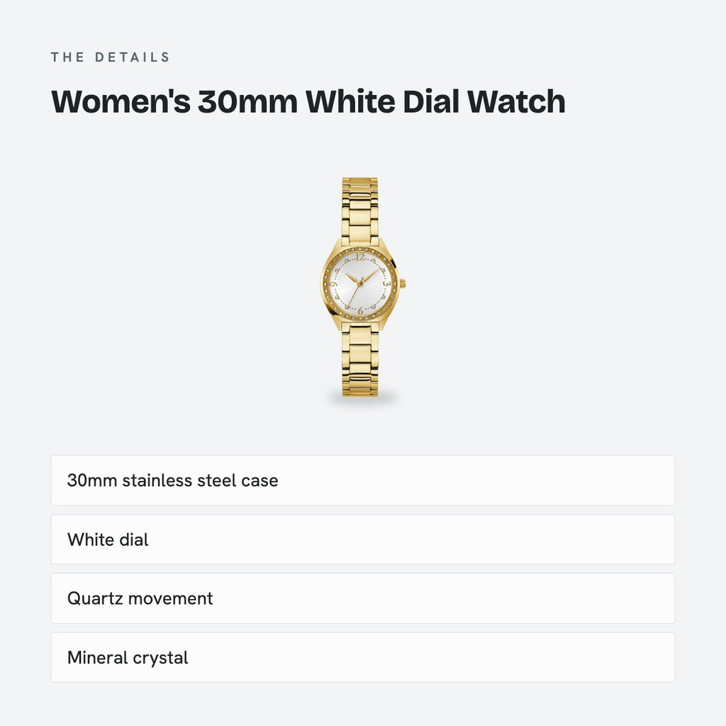 Women's 30mm White Dial Watch, Steel Bracelet, details