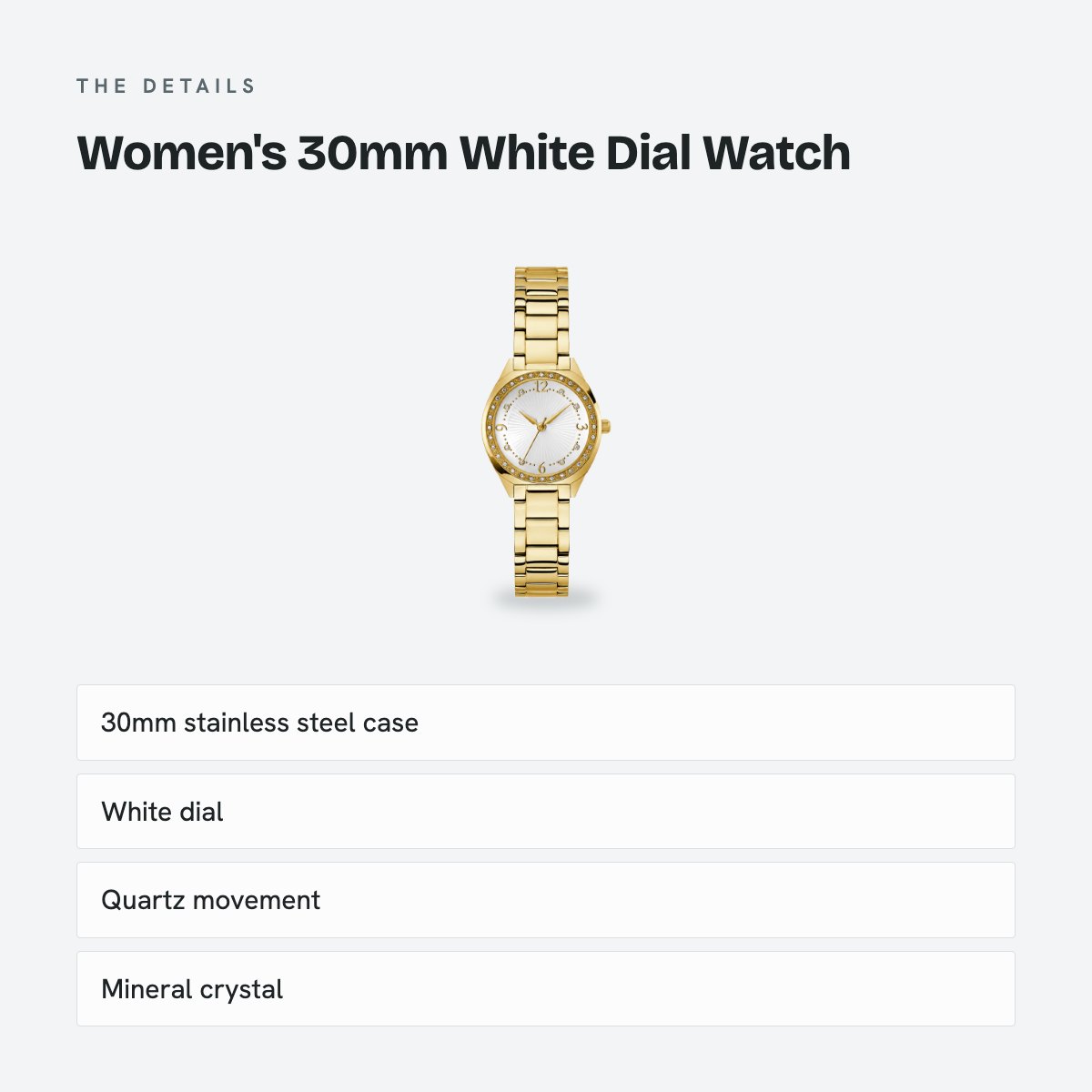 Women's 30mm White Dial Watch, Steel Bracelet, details