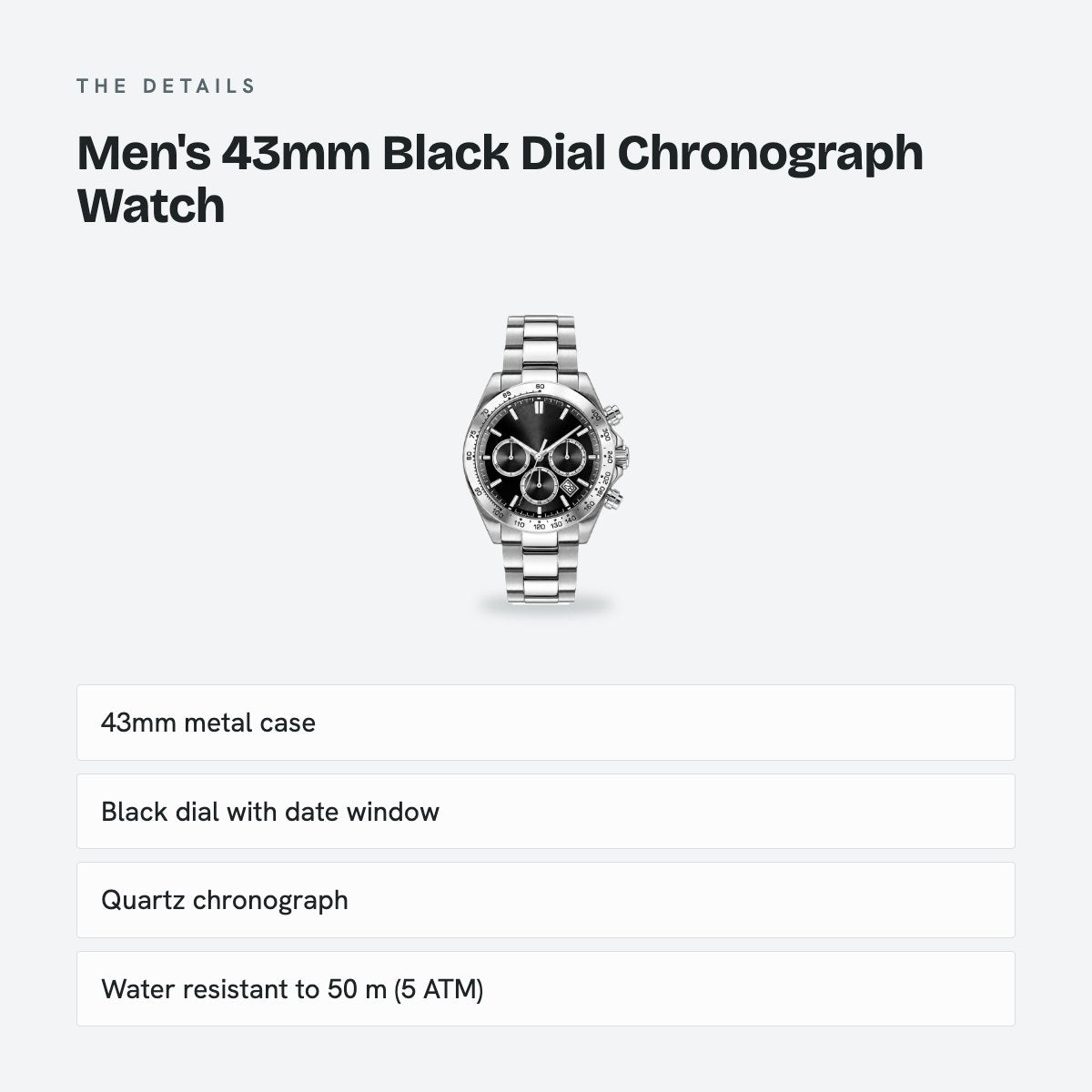 Men's 43mm Black Dial Chronograph Watch, details
