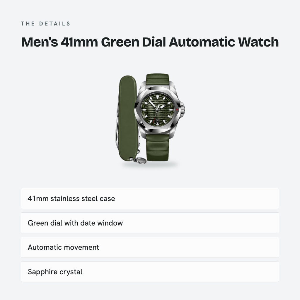Men's 41mm Green Dial Automatic Watch, Steel Bracelet, details