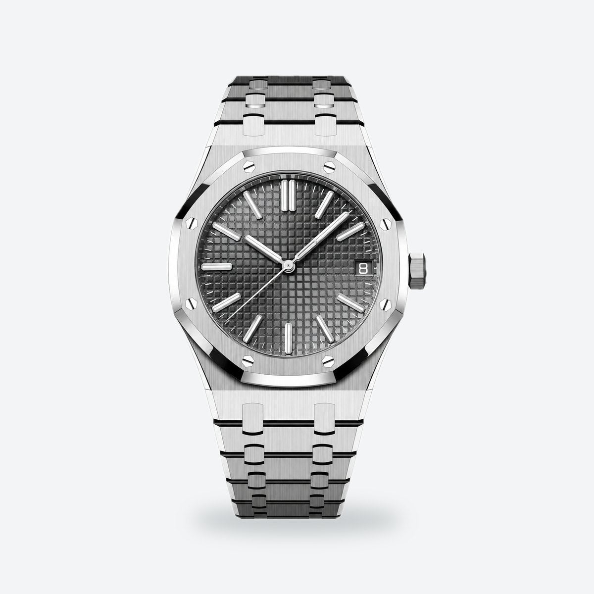 Men's 41mm Automatic Steel Watch, Octagonal Bezel, Blue Dial, Grey dial