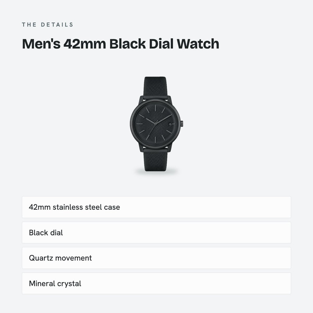Men's 42mm Black Dial Watch, Rubber Strap, details