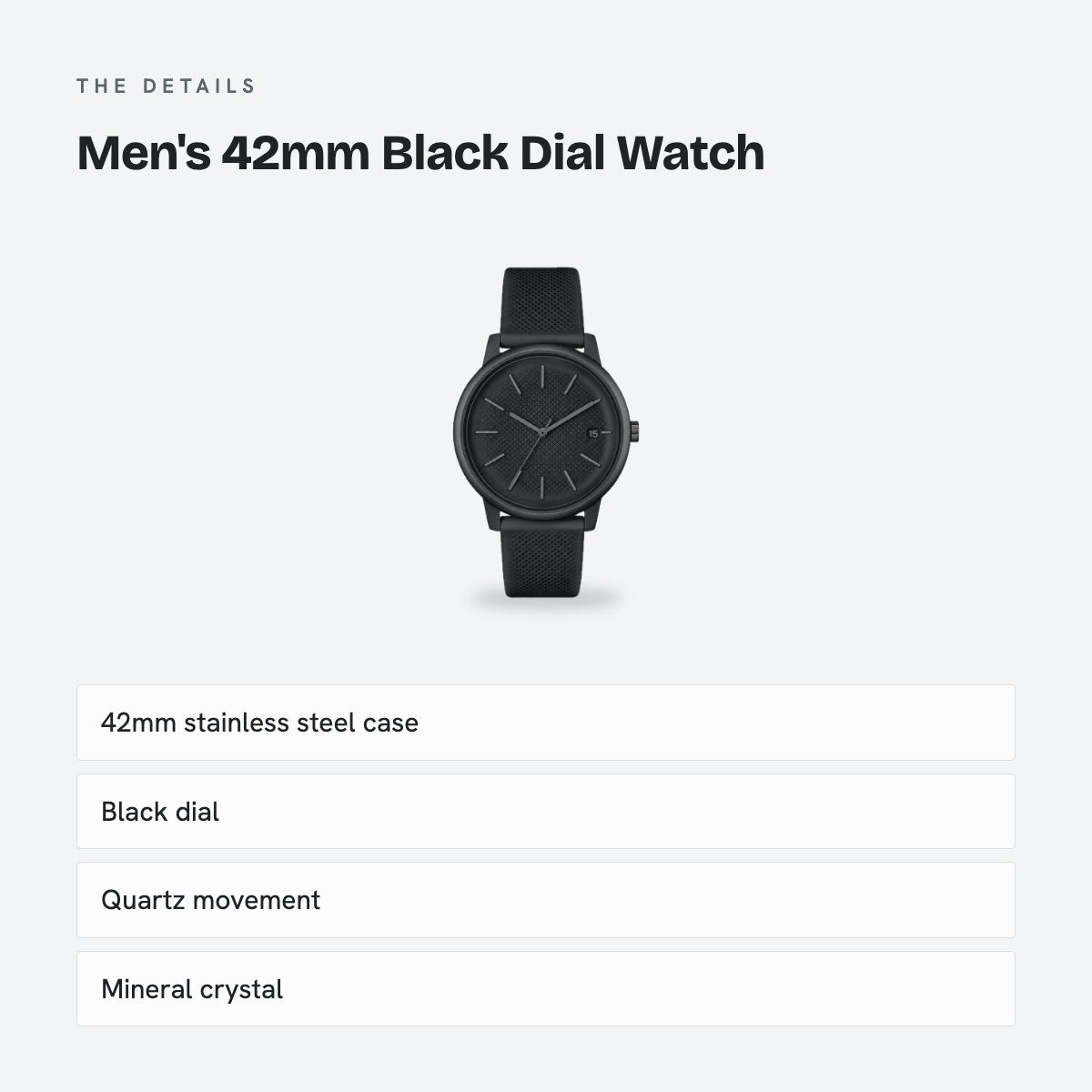 Men's 42mm Black Dial Watch, Rubber Strap, details