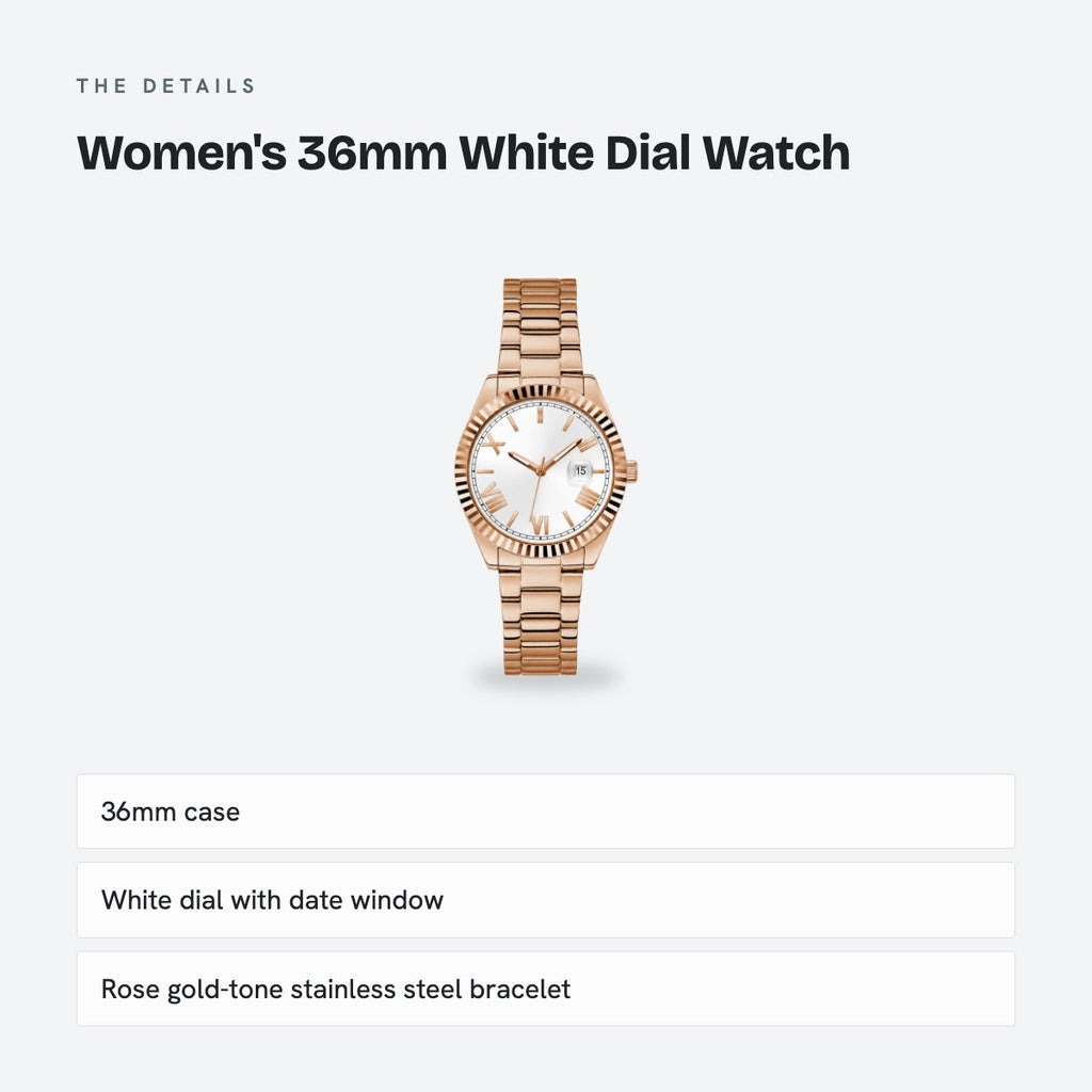 Women's 36mm White Dial Watch, Steel Bracelet, details