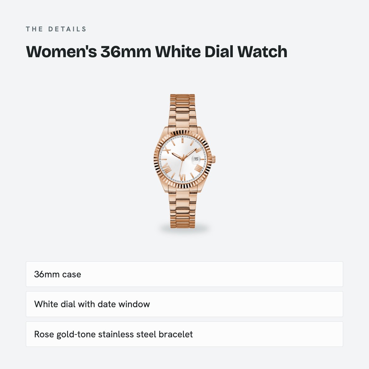 Women's 36mm White Dial Watch, Steel Bracelet, details