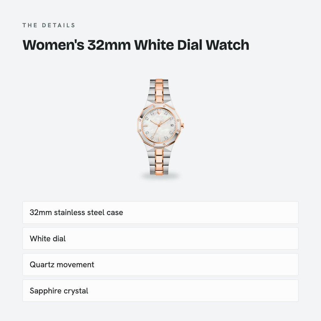 Women's 32mm White Dial Watch, Steel Bracelet, details