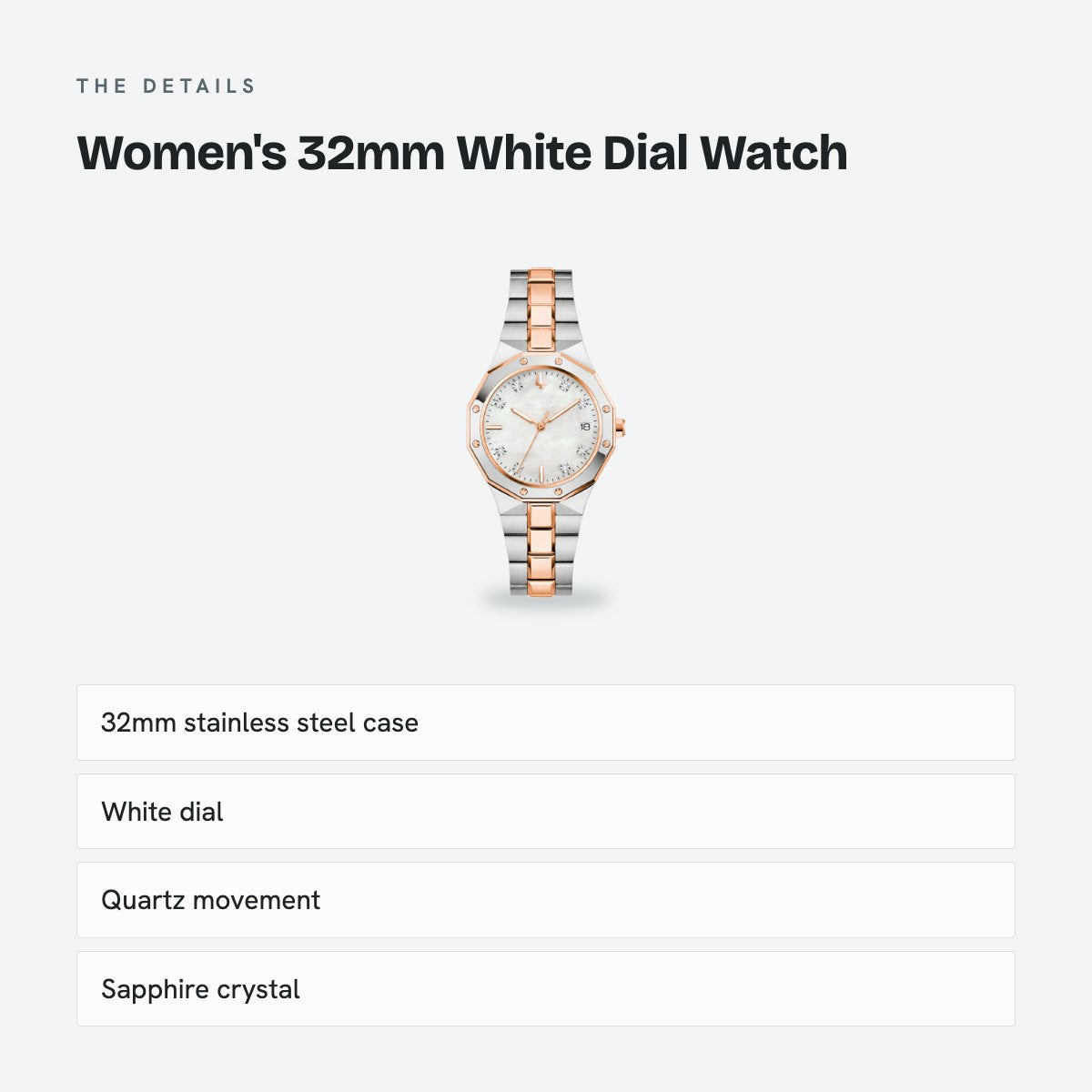 Women's 32mm White Dial Watch, Steel Bracelet, details