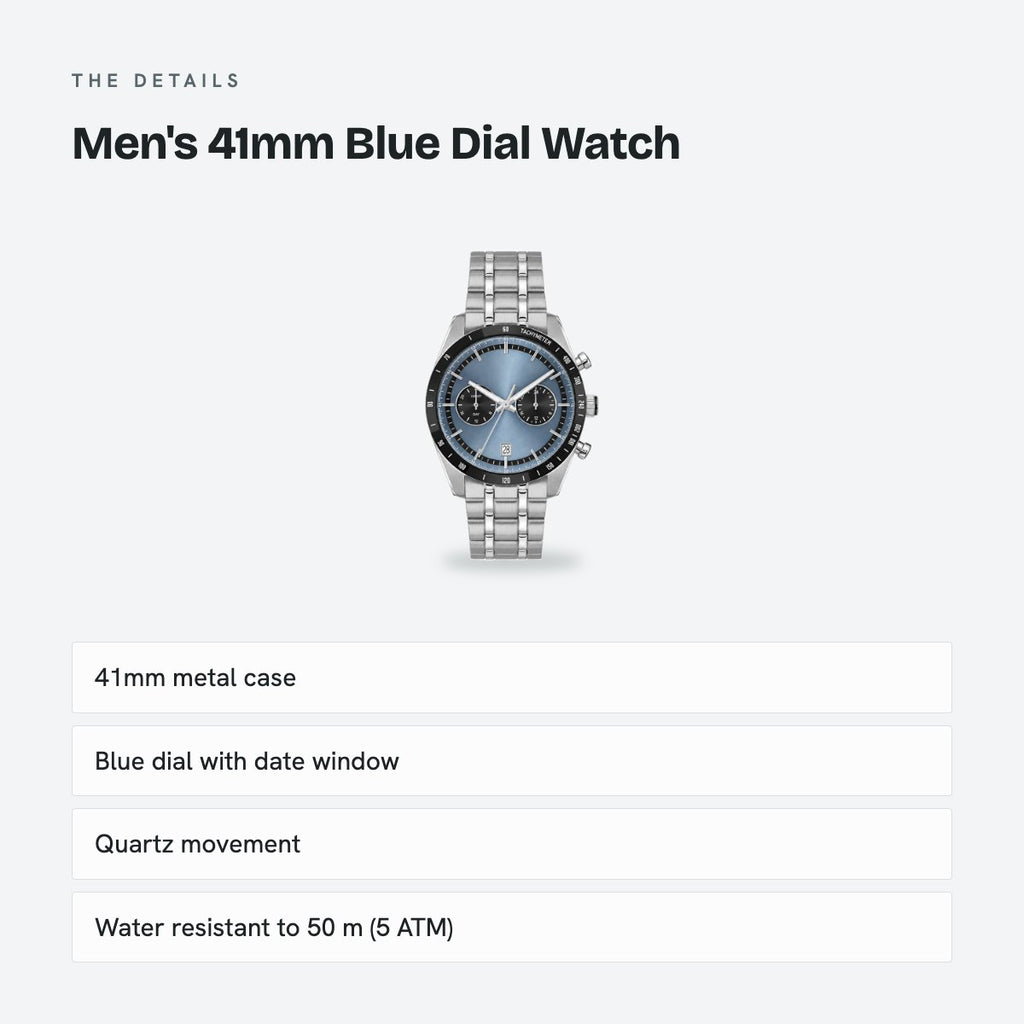 Men's 41mm Blue Dial Watch, Steel Bracelet, Style 3, details