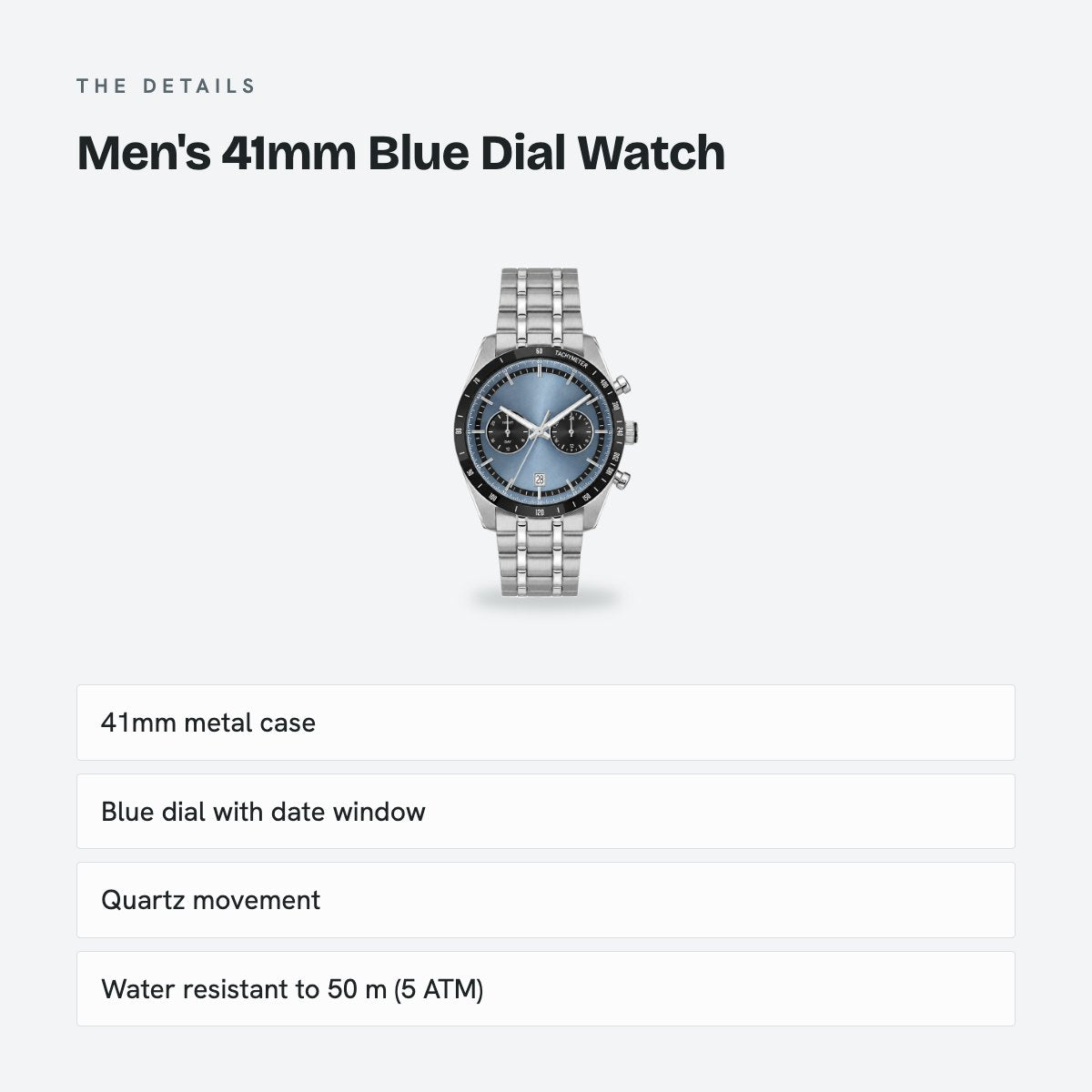 Men's 41mm Blue Dial Watch, Steel Bracelet, Style 3, details