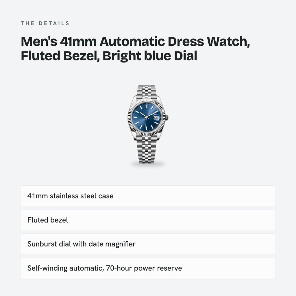 Men's 41mm Automatic Dress Watch, Fluted Bezel, Bright blue Dial, details