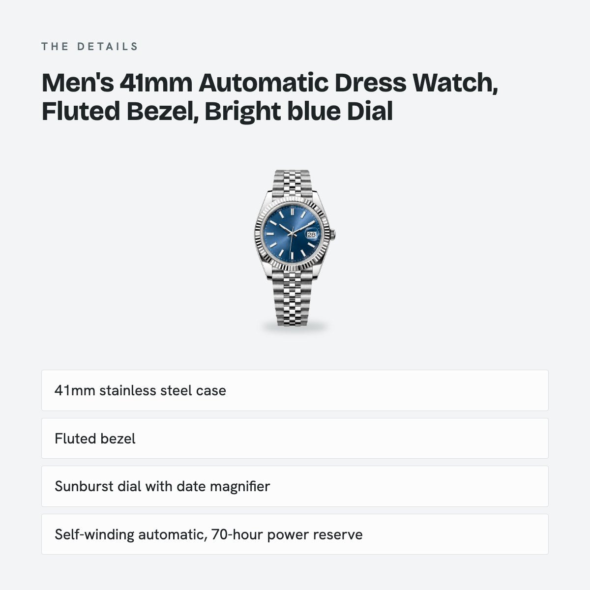 Men's 41mm Automatic Dress Watch, Fluted Bezel, Bright blue Dial, details