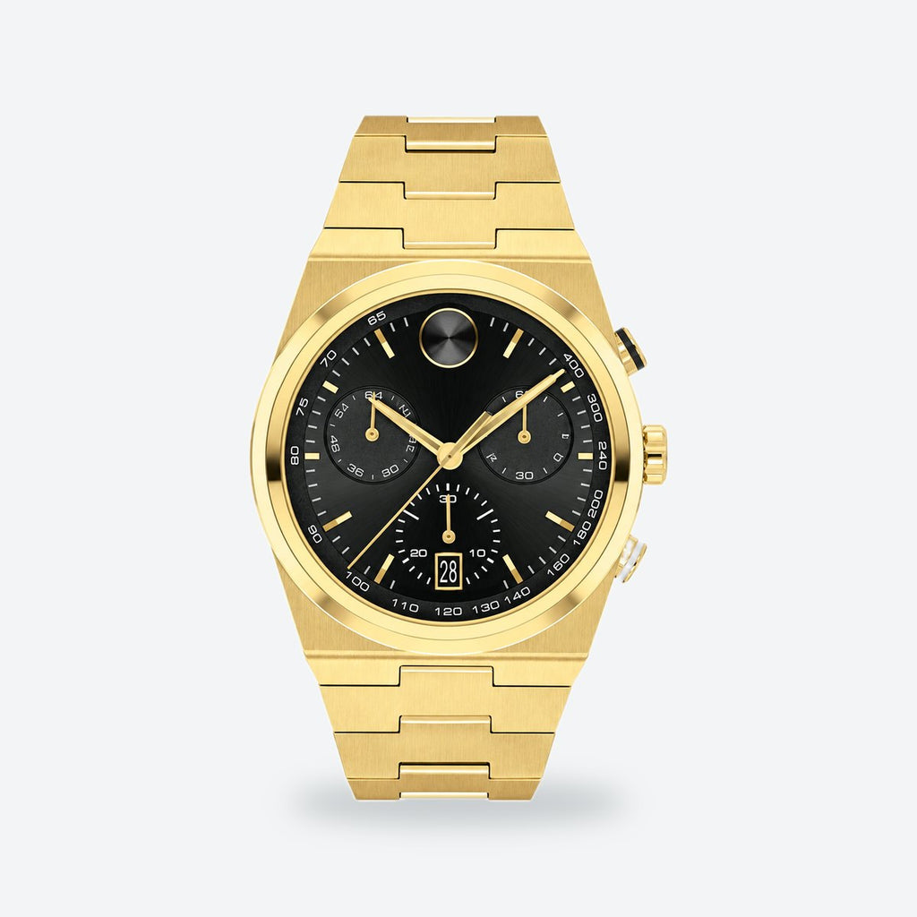 Men's 42mm Black Dial Chronograph Watch, Steel Bracelet, Black dial / Gold-tone