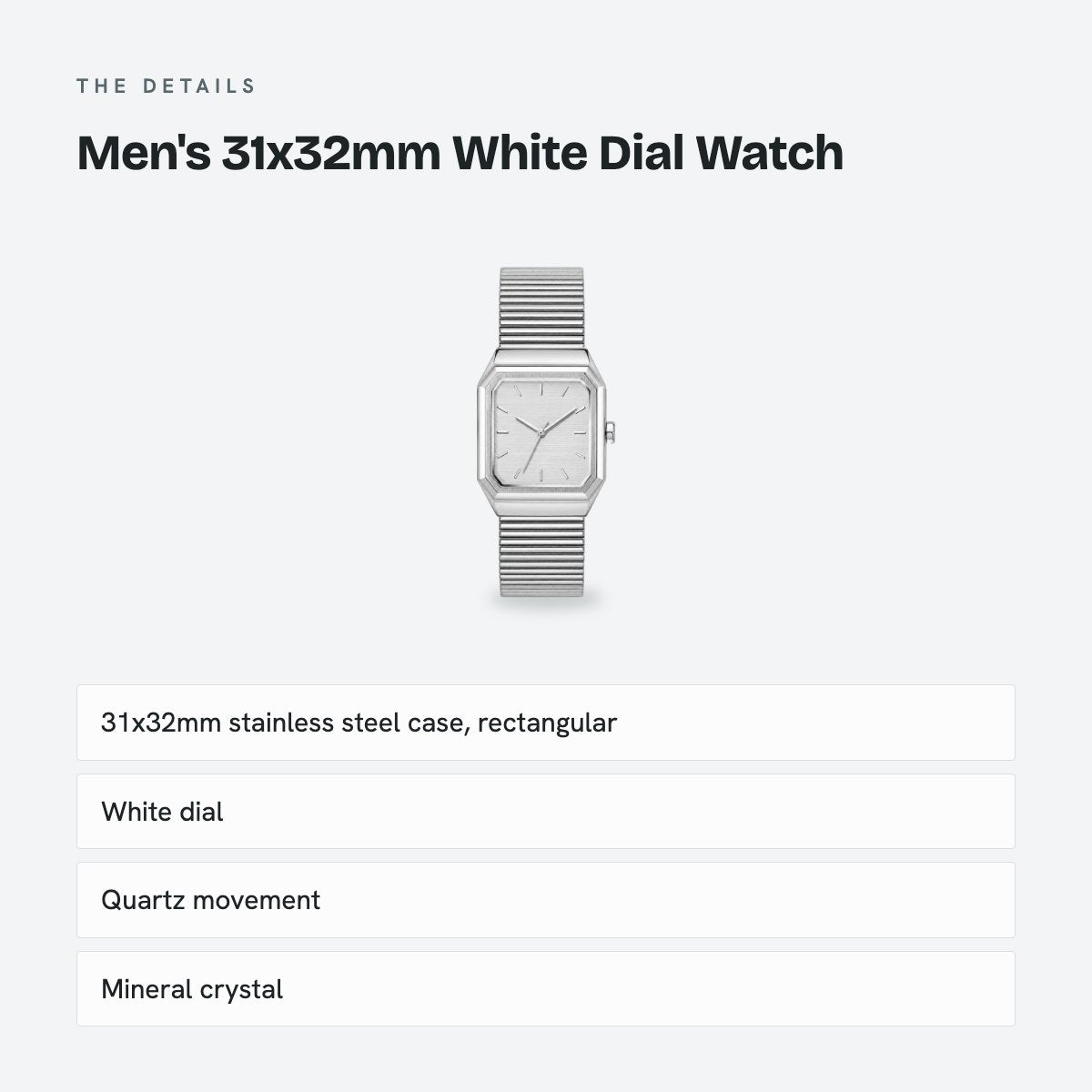 Men's 31x32mm White Dial Watch, details