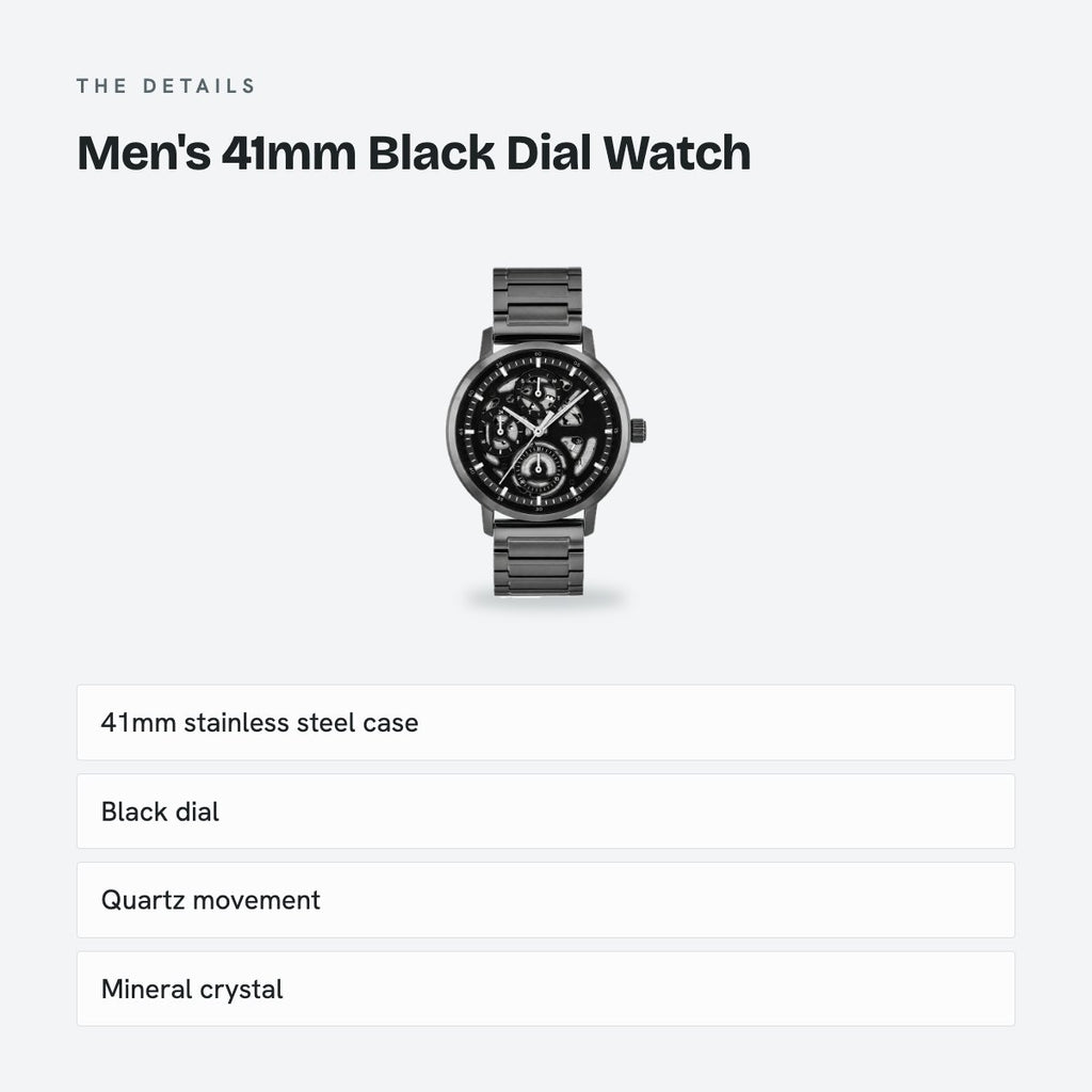 Men's 41mm Black Dial Watch, Steel Bracelet, details