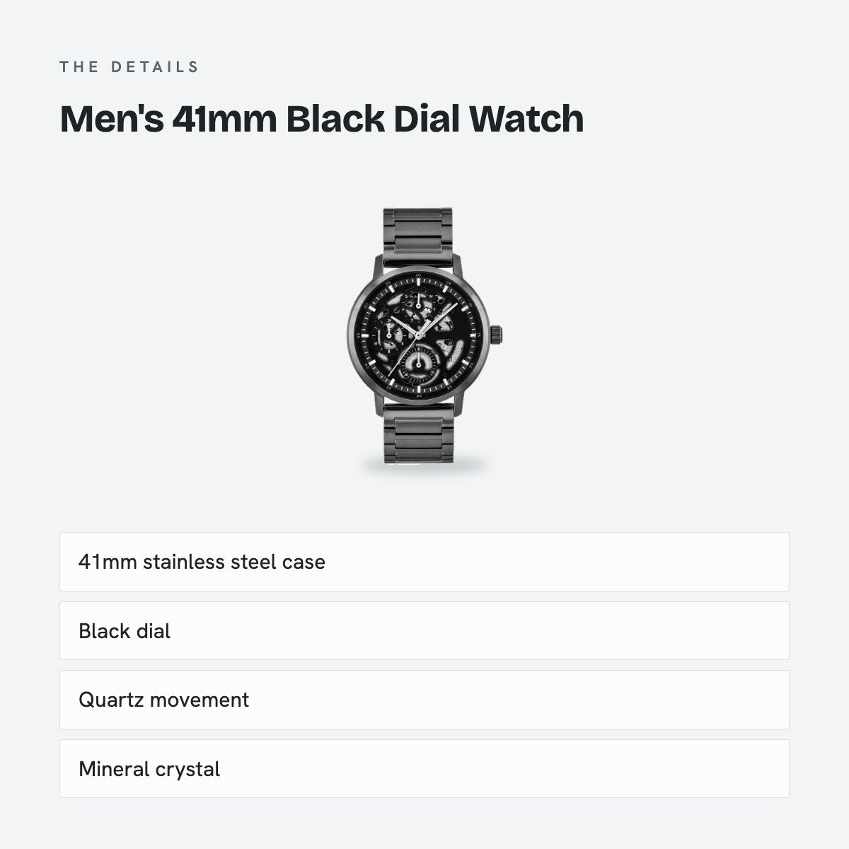 Men's 41mm Black Dial Watch, Steel Bracelet, details